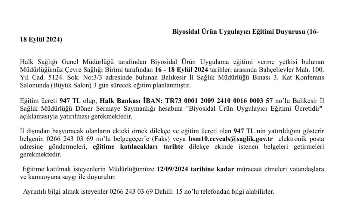 Biyosidal Ürün Uygulayıcı Eğitimi Duyurusu (16-18 Eylül 2024)
