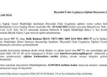 Biyosidal Ürün Uygulayıcı Eğitimi Duyurusu (16-18 Eylül 2024)